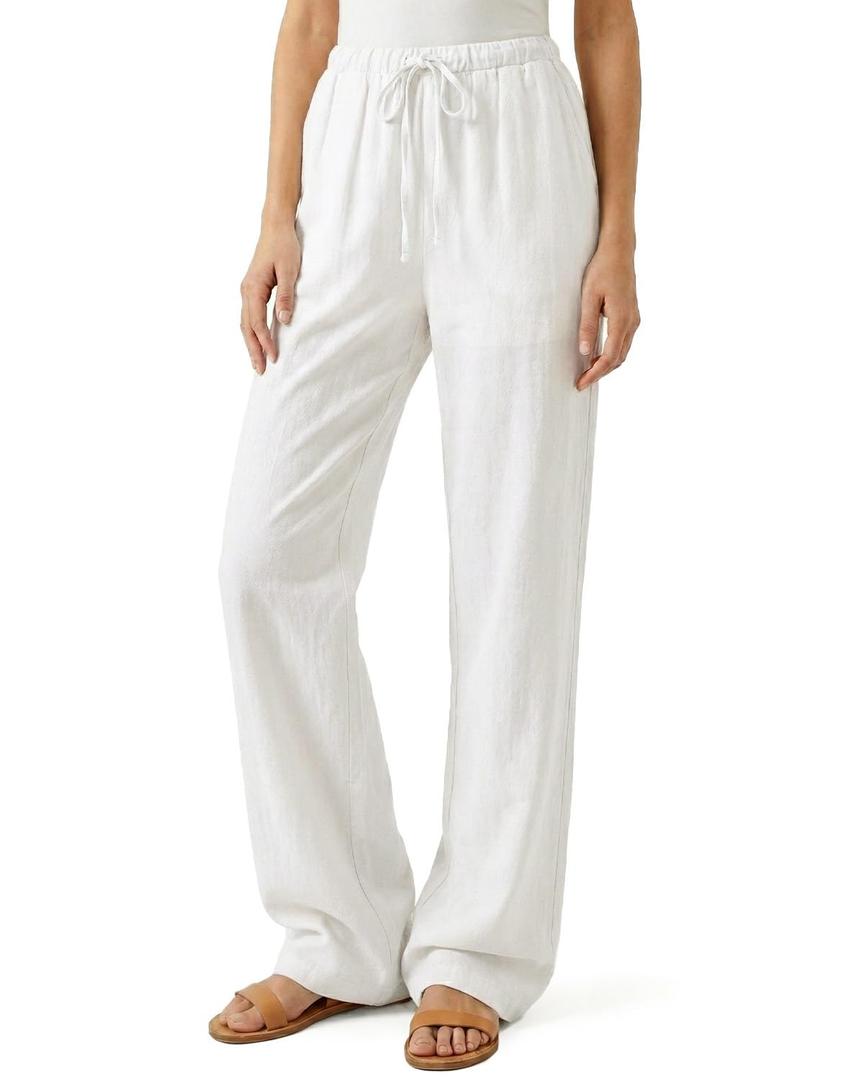 Zylioo White Linen Palazzo Pants for Tall Ladies 6Ft Height, High Waisted Long Casual Trousers, 2XL