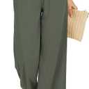 KICZOY Women Flowy Pants Drawstring Waist Wide Leg Palazzo Beach Pants Loose Fit with Pockets (Olive Green, Size 34W)
