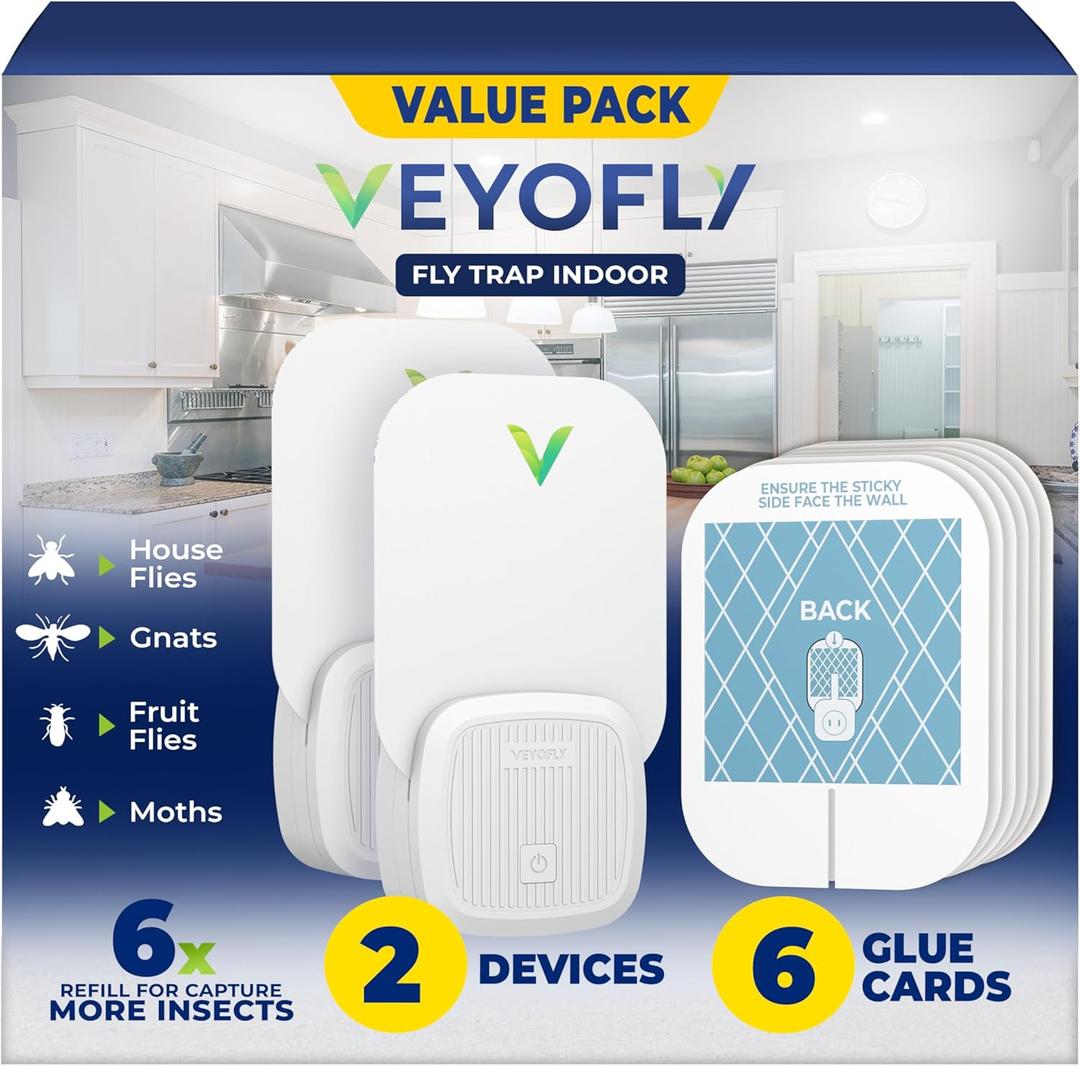 VEYOFLY Fly Trap Indoor, Fruit Fly Traps for Indoors Flying Insect (2 Device + 6 Refills) Gnat Traps for House Indoor, Bug Zapper Indoor, Gnat Killer Catcher & Fruit Fly Killer Light Plug in (White)