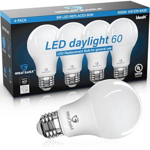 Great Eagle A19 LED Light Bulbs 60 Watt Equivalent - UL Listed - Daylight 5000k LED Light Bulbs - 9W Non Dimmable - 800 Lumens (4 Pack)