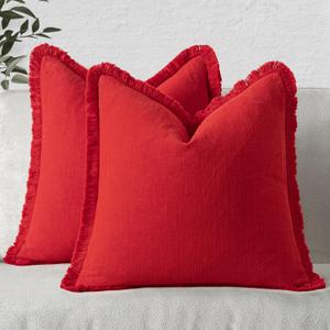 MIULEE Decorative Throw Pillow Covers Neutral Linen Fringe Throw Pillows Set of 2 Red Boho Farmhouse Cushion Covers with Tassels for Couch Sofa Bed Living Room Spring Home Decor 18x18 Inch