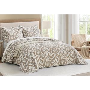 Chezmoi Collection Oversized Bedspread 128x106, Jacquard Matelasse Floral Damask Design, 5-Piece Lightweight Reversible Microfiber Bedding Coverlet Set for All Season, Oversized King, Taupe/White