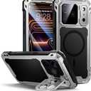 Lanhiem for iPhone 17 Pro Max Metal Case with Kickstand, Compatible with MagSafe, Built in Tempered Glass Screen Protector, Heavy Duty Shockproof Rugged Full Body Tough Phone Cover 6.9" (Silver)