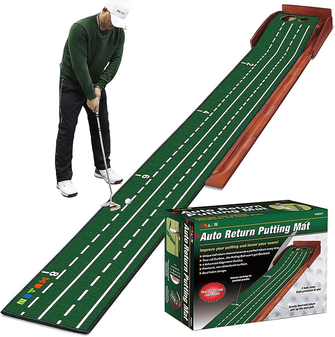 Golf Putting Mat fot Indoor, Wood Putting Green Indoor & Outdoor Training Equipment with Ball Return 8ft Practice Putting Mat, Wrinkle-Free Natural Rubber Mat, Golf Accessories for Men