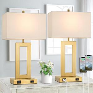 22 Table Lamps for Bedrooms Set of 2, Gold Bedside USB Desk Lamp with AC Outlet, Touch Control Modern Vintage Living Room Table Lamp for Nightstand End Table, 3-Way Dimming with 2 E26 Edison Bulbs
