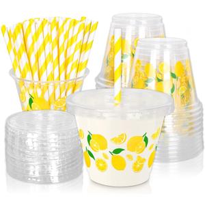FYSUIMU 100Pcs Lemon Disposable Plastic Cups with Lids and Straws 9Oz Cute Yellow Lemonade Cold Beverage Drinking Cups for Summer Birthday Baby Shower Party Supplies (EXP 07/10/26)