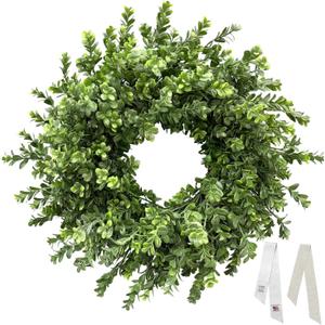 26 Inch Large Boxwood Wreaths for Front Door, Spring & Summer Artificial Wreath with Patriotic & Burlap Sash, Faux Greenery Year-Round Farmhouse Wedding Porch Window, Indoor Outdoor Decor