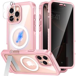 360 Protection Magnetic for iPhone 16 Pro Case Built-in 9H Privacy Screen Protector & Metal Stand[Fit for Magsafe][Anti-Spy][Lens Protector] Heavy Duty Shockproof Phone Case for iPhone 16 Pro