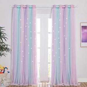 NICETOWN Baby Room Decor, White Gauze & Blackout Drapes Assembled, Star Cut Romantic and Colorful Curtain with Versatile Styling Options for Birthday Party (Blue & Purple & Pink,   W52 x L84)1 Panel