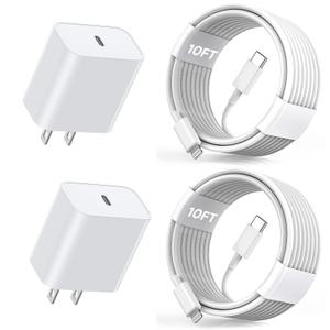 Extra Long 10FT Apple Fast Charger,[Apple MFi Certified]2Pack Fast iPhone Charger Travel Plug Adapter 20W Super Quick USB C Wall Block 10Foot Lightning Cable Cord for iPhone 14/13/12/11/8/X/XR/SE/iPad (White)