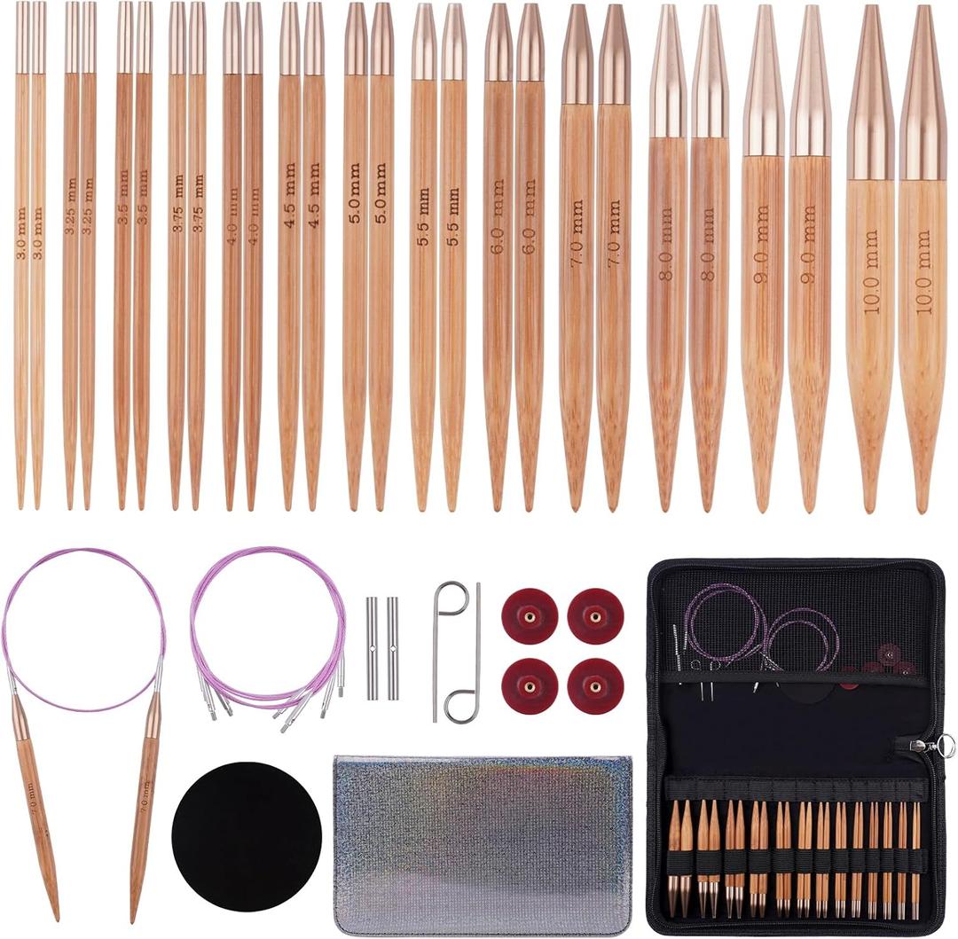 Weabetfu Knitting Needles Set with Bamboo Circular Knitting Needle 13 Pair Interchangeable Knitting Needles and Cables, Accessories and Case Perfect for Beginner, DIY Crafts