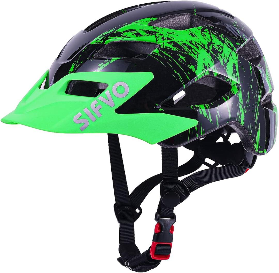 Kids Helmet, SIFVO Kids Bike Helmet Boys and Girls Bike Helmet with Cool Visor Helmet for Kids 5-14, Kids Bike Helmets Youth Bike Helmet Adjustable & Lightweight 50-57cm (Black GreenNew)