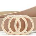 Pettata Women Belt for Jeans Dress O-Style Gold Buckle Ladies Skinny Waist Faux Leather Belts Beige Small