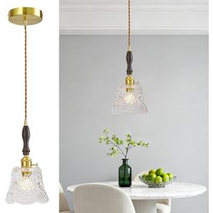Modern Clear Pendant Light Brass Finish Hanging Lamp Fixture with Patterned Glass Shade & Walnut Wood Accent Vintage Hanging Lamp for Kitchen Island Dining Room Bedroom (1 Pack)