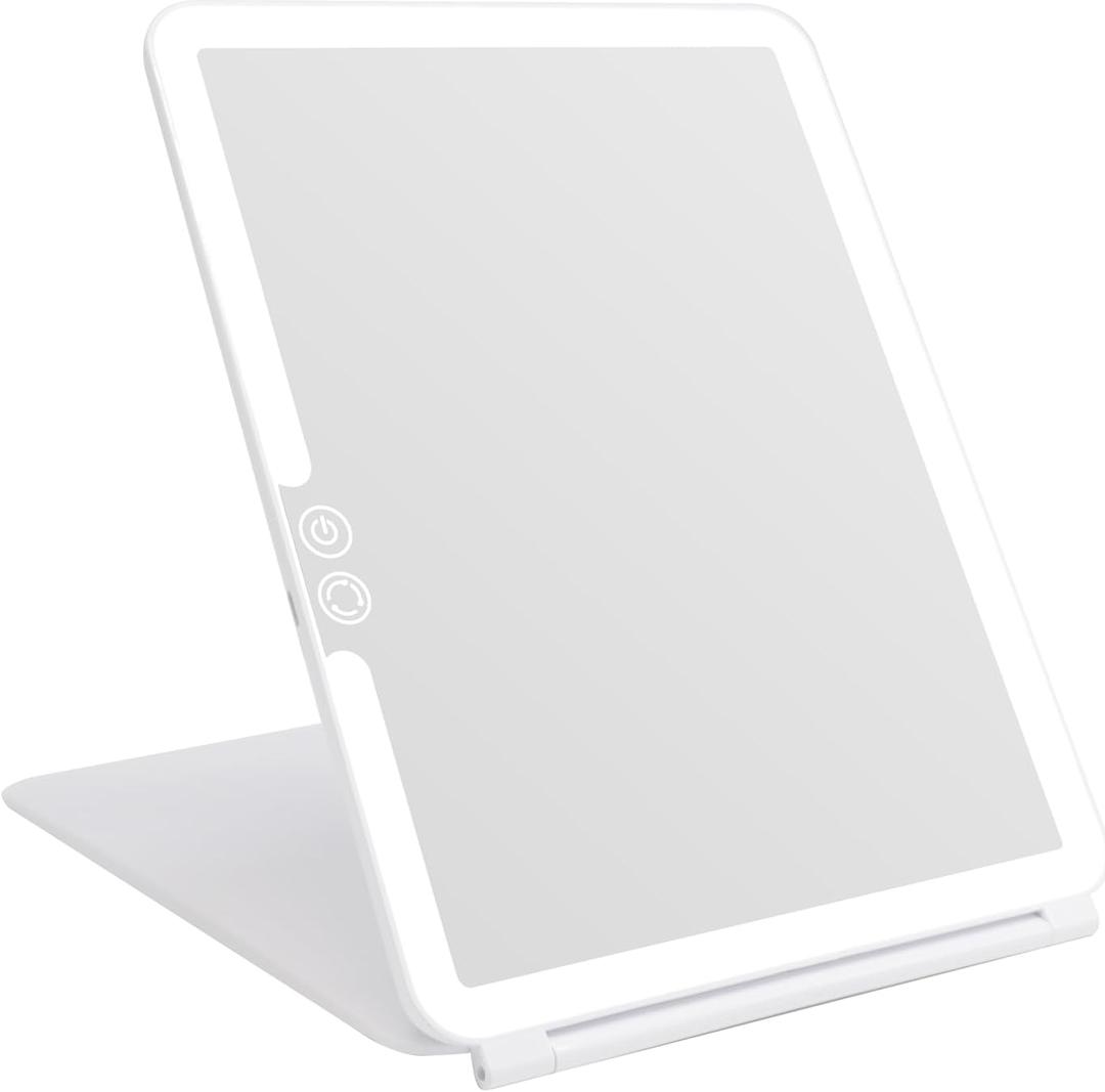 deweisn Folding Lighted Makeup Mirror with 72 LEDs 3 Colors Light Modes USB Rechargable 1800mA Batteries Portable Ultra Thin Compact Vanity Mirror Dimmable Travel Mirror (White)