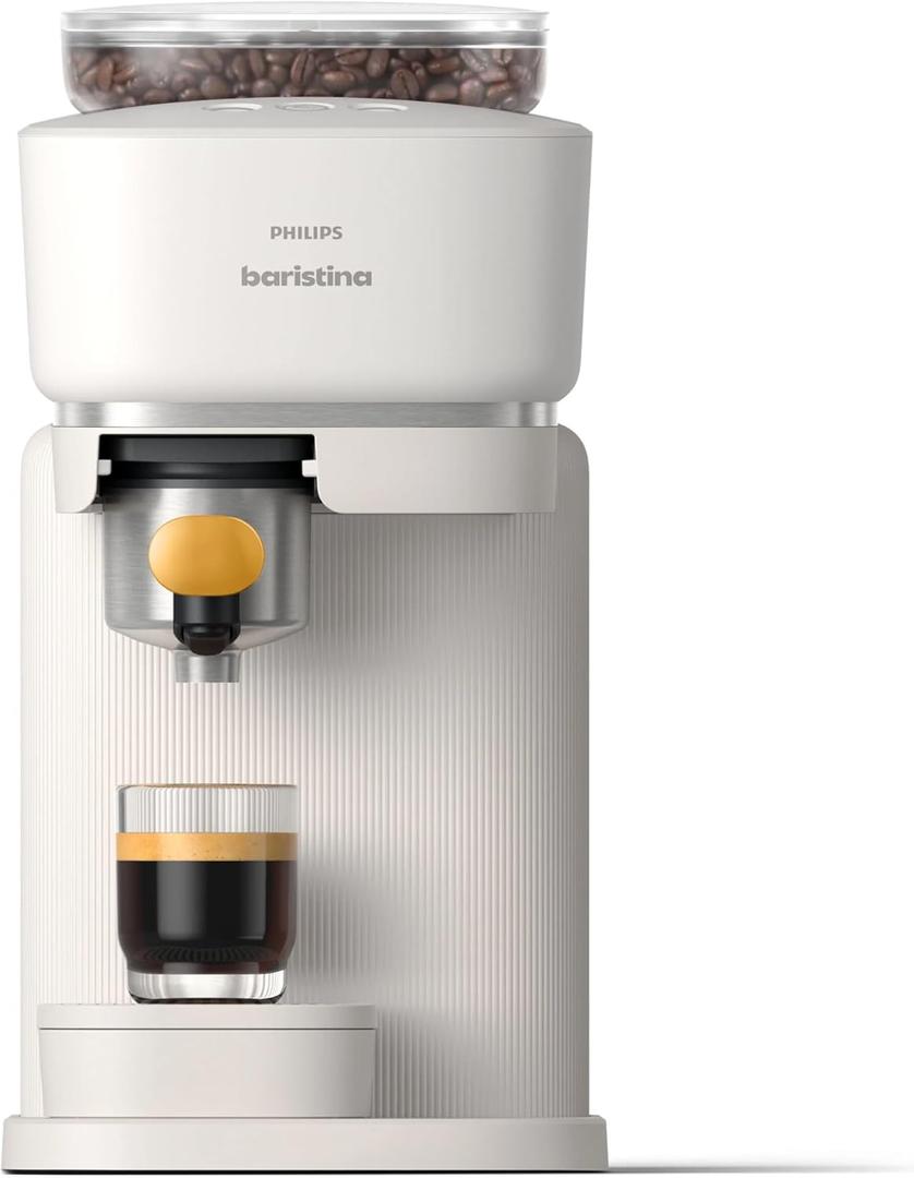 Philips Baristina Espresso Machine, Grind, Tamp & Brew Coffee Beans in One Swipe, Compact, 16 Bar Pump Pressure, Automatic Grinder, White with Mango Portafilter (BAR310/50)