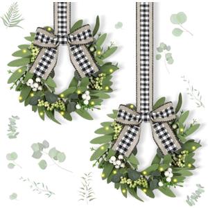 Thiccywoov 2 Pack 9'' Lighted Mini Wreath for Cabinet Small Candleholder Greenery Eucalyptus Wreath with Ribbon for Chandelier Kitchen Porch Wall Window Home Indoor Outdoor Summer Vintage Decor