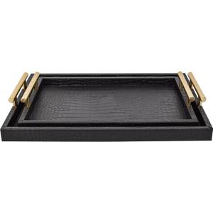 Set of 2 Modern Elegant Large Wood Serving Tray, Rectangle Decorative Tray Ottoman Tay Coffee Table Tray, Black Crocodile Leather with Gold Polished Metal Handles