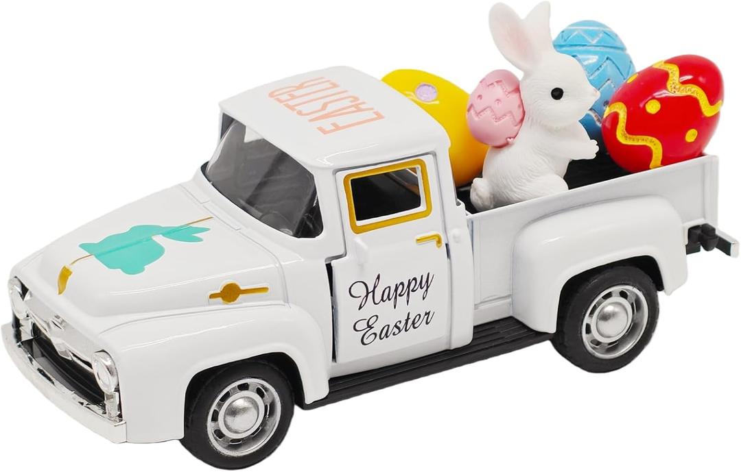 Easter Decorations - Mini Farmhouse Vintage Metal Truck with Easter Eggs & Bunny, White Spring Farm-Style Pickup Decor for Table Tiered Tray Home Kitchen Office Keepsake Gifts