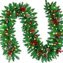 9 FT LED Christmas Garland with Pinecones Red Berries Bows Christmas Balls Candies, Multi-Function Christmas Garland with 50 Warm White LED Lights, 310 Branch Tips for Indoor Outdoor