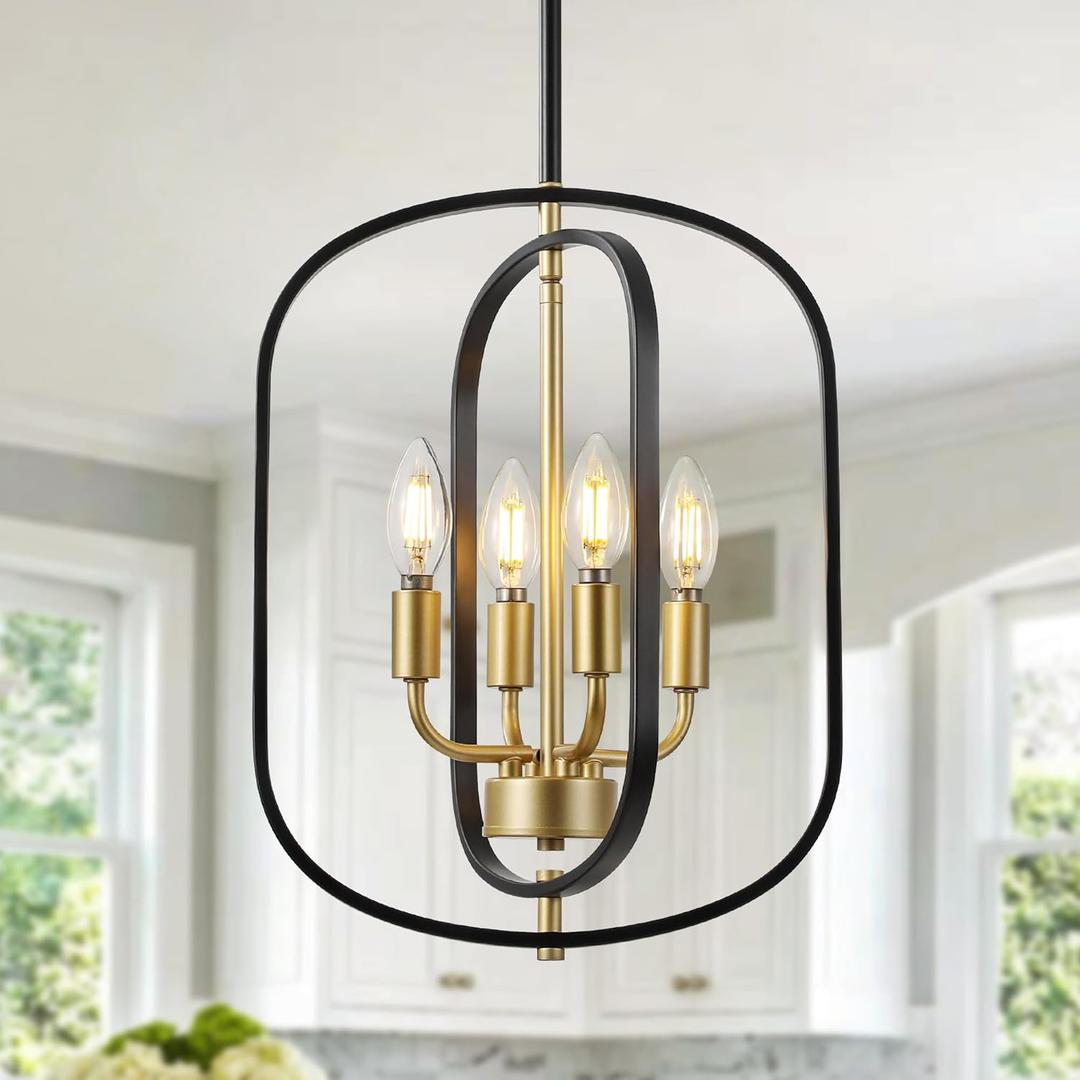 ACNKTZ Small Black and Gold Chandelier for Foyer, 4-Light Geometric Metal Entryway Light Fixture Hanging, Modern Farmhouse Pendant Lighting for Kitchen Island Breakfast Nook Bedroom Stairway Office