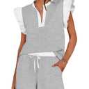 Tankaneo Womens 2 Piece Lounge Sets Summer Outfits V Neck Ruffle Cap Sleeve Tops and Shorts Vacation Matching Set, Grey, Medium
