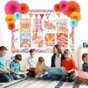 Pajean 62 Pcs Retro Groovy Classroom Bulletin Board Decorations Inspirational Posters with 3D Paper Fans Groovy Cutouts Motivational Bulletin Board Set for Back to School Classroom Home Decorations