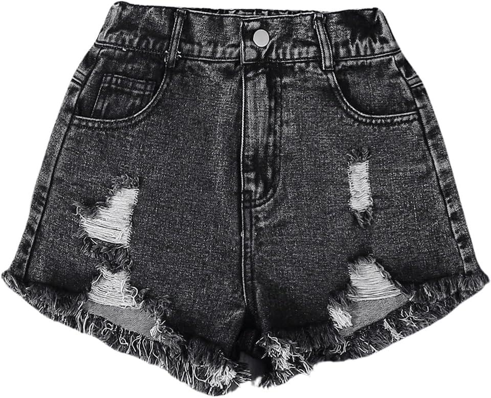 GORGLITTER Girl's Ripped Jean Shorts High Waist Straight Leg Denim Shorts Black Ripped 9Y