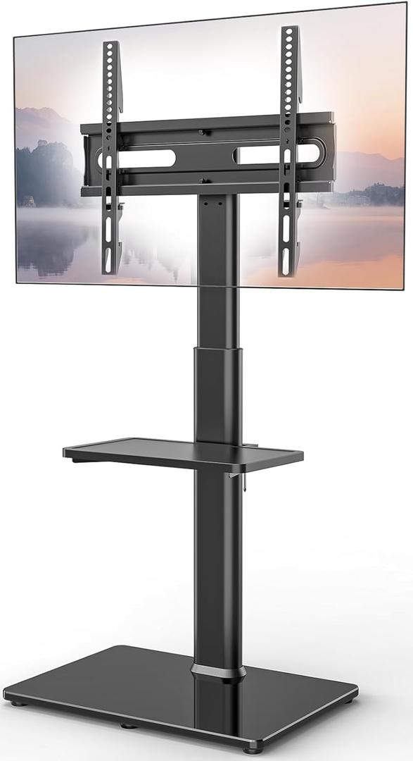 Universal Floor TV Stand with Mount 70 Degree Swivel 9 Level Height Adjustable and Space Saving Design for Most 27 to 65 inch LCD, LED OLED TVs One Shelf (Floor TV Stand with Shelf, Black)