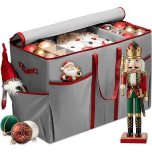 ZOBER Large Christmas Ornament Storage Box - Stores 80 3" Ornaments, With Dividers - With Large Compartment for Figurines, and Accessories, Durable Christmas Containers Holder, 4 Extra Pockets - Gray