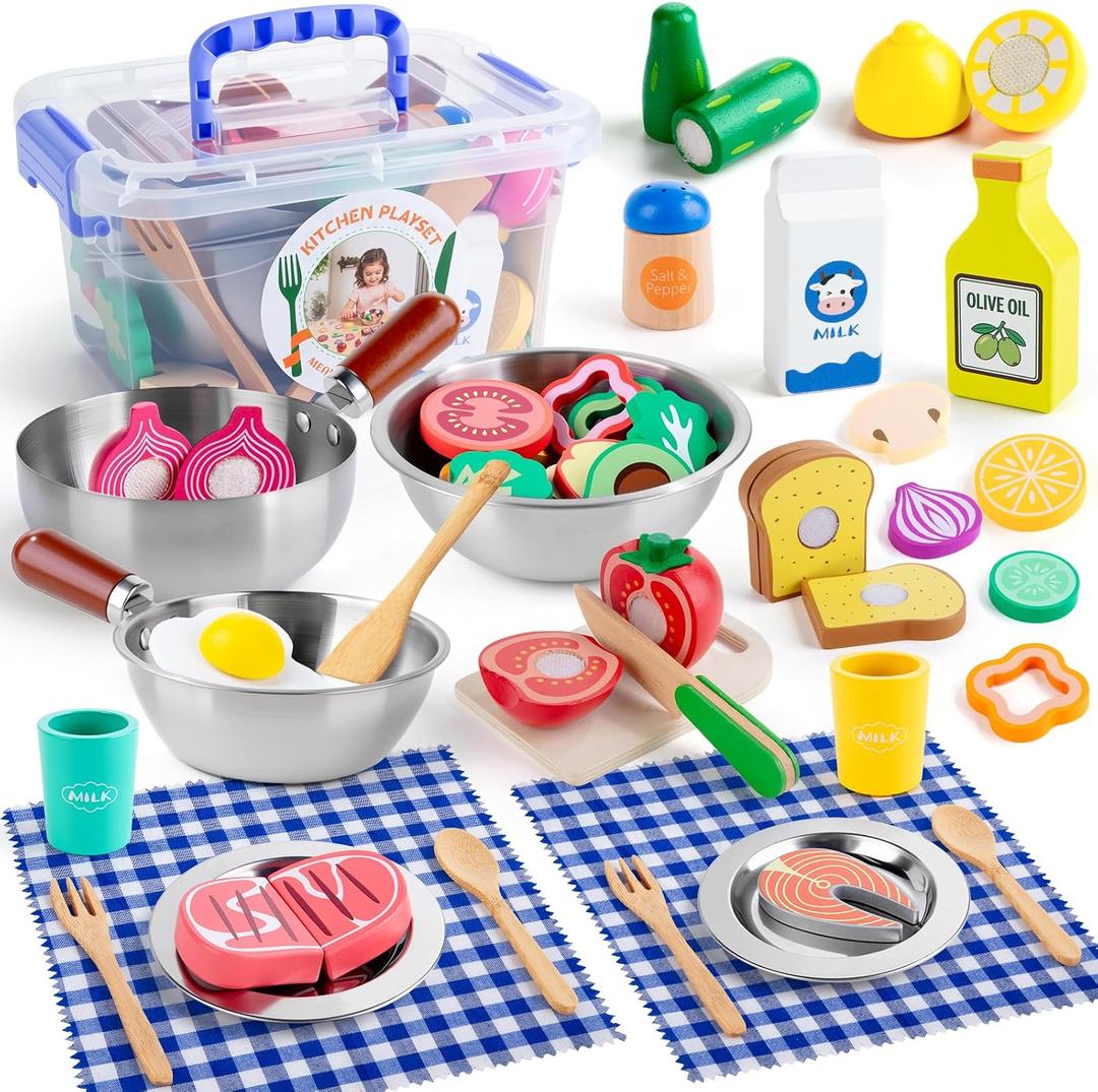 Juboury Wooden Play Food Sets for Kid Kitchen with Stainless Steel Cookware, Standard Pack of 26