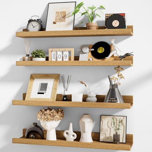 Heimlove Picture Ledge Shelf,24 inch Long Floating Shelves for Wall Set of 4,Picture Shelf with Lip for Wall Decor,Living Room,Bedroom,Bookshelf,Nursery,Perfume,Oak Color