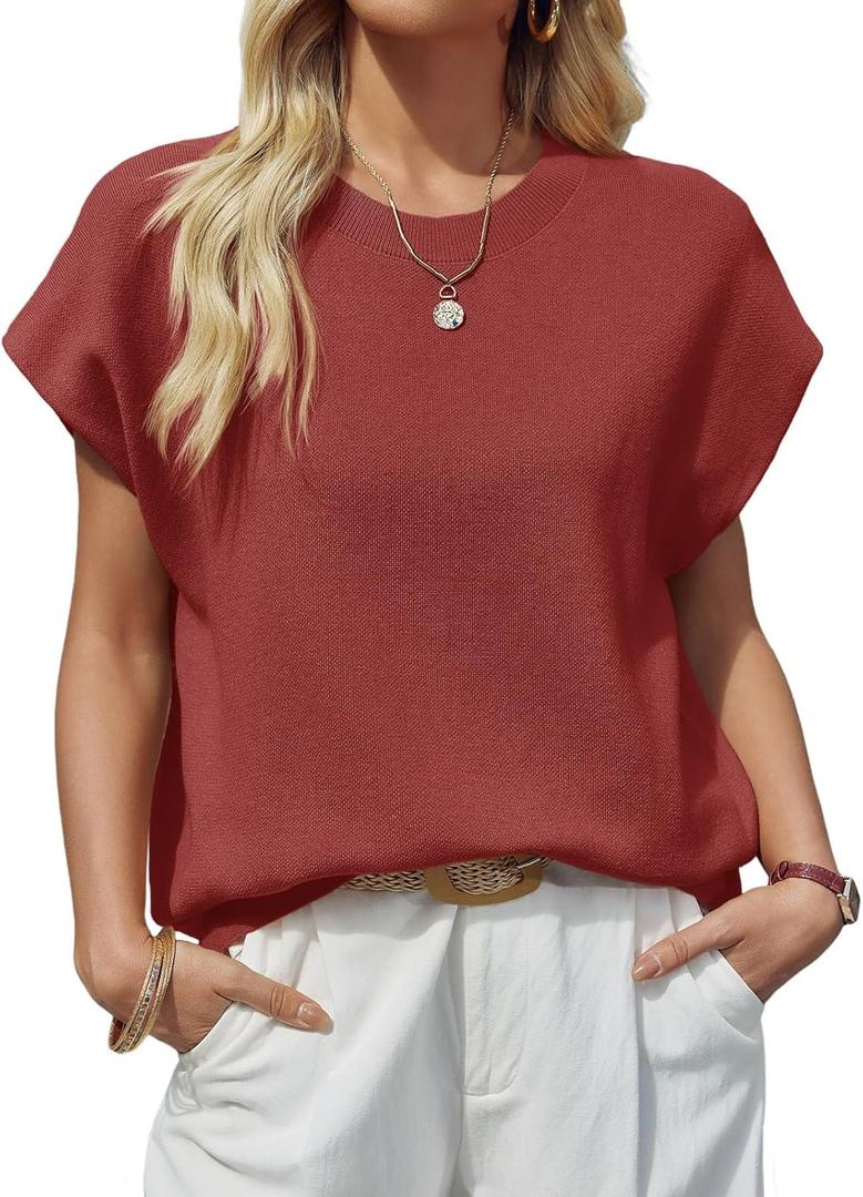 Saodimallsu Womens Cap Sleeve Sweater Top Summer Crew Neck Trendy Going Out Loose Knit Shirt (Red)