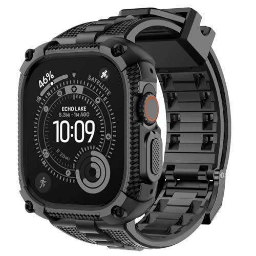 Fullmosa Compatible with Apple Watch Bands 49mm Ultra3/2/1, Rugged Apple Watch Strap Ultra with Military Grade Shockproof Bumper Case & Screen Protector for Men Women, Black