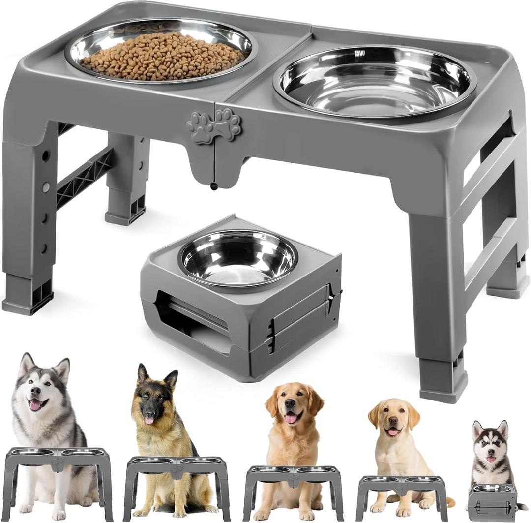 Elevated Dog Bowls for Large Dogs 5 Adjustable Heights 7.5"-15.4", 2 X-Large 10 Stainless Steel Bowls, Heavy Duty Raised Dog Bowl Stand Foldable Pet Feeder for Dogs Shoulder Height Over 15, Grey