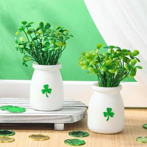 Nitial 2 Pcs St. Patricks Day Artificial Plants St. Patricks Shamrock Vase Decoration Green Plants Artificial Decoration Fake Plants for Office Clover Floral Small Greenery Decoration for Irish