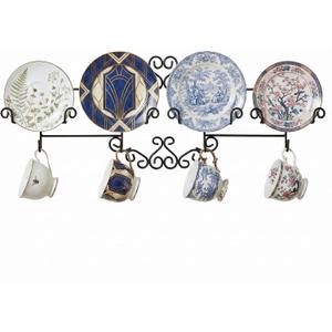 MyGift Vintage Scrollwork Black Metal Wire Tea Coffee Cup and Saucer Set Rack, Wall Mounted Decorative Display Shelf Holds Up to 4 Collectible Plates & Mugs