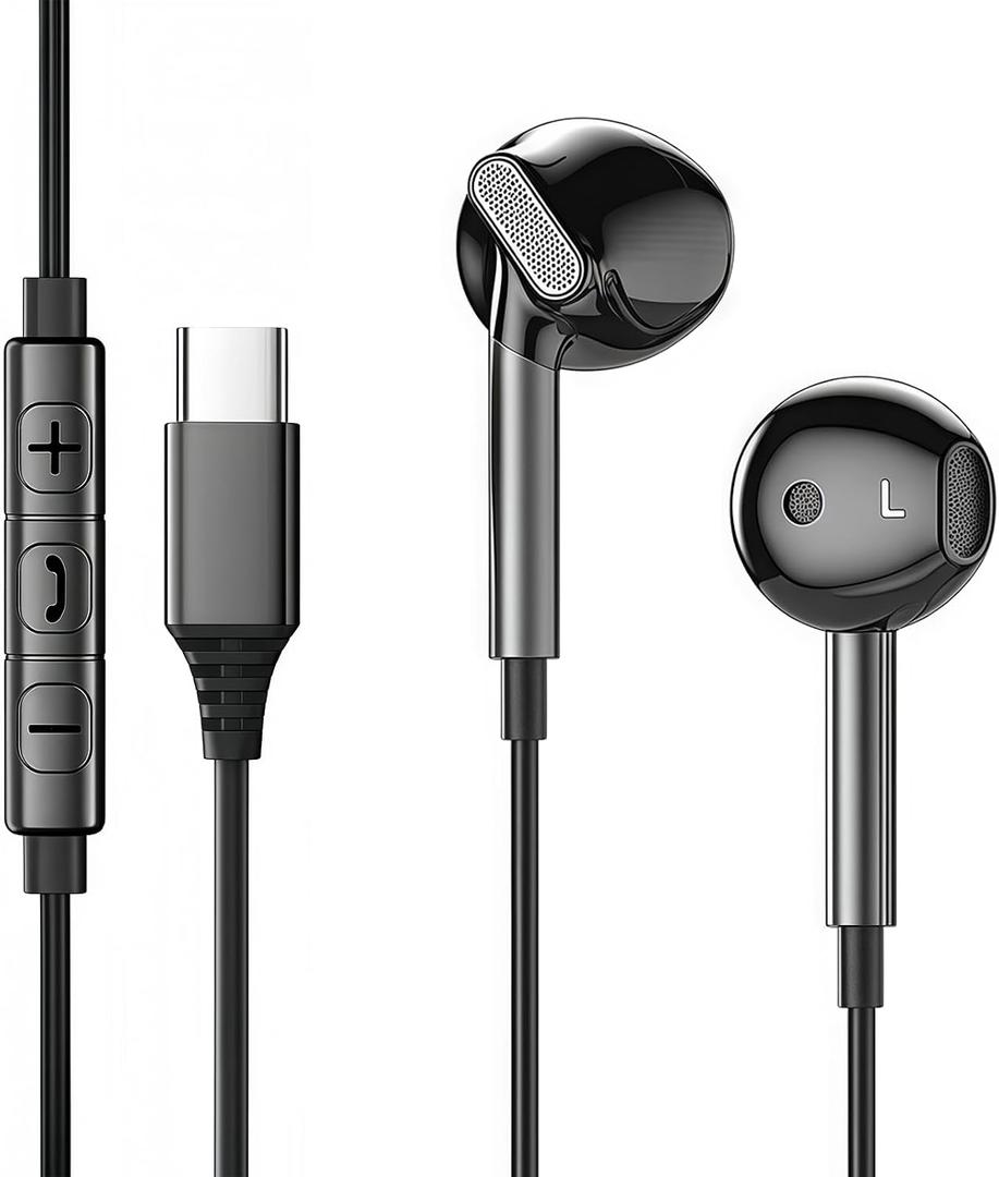 USB C Headphones for Galaxy S25 S24 FE S22 S21 S20 A53 A54, Metal Type C Bass Stereo in-Ear Earphone with Microphone Volume Control for iPhone 16 15 (Dark Black)