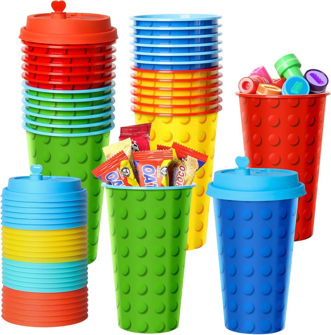 Building Blocks Party Favors Goodie Cups, 24 Pack Birthday Party Cups in 4 Designs, 16OZ Reusable Colorful Blocks Plastic Party Supplies Decorations Cups with Lids Plugs for Kids