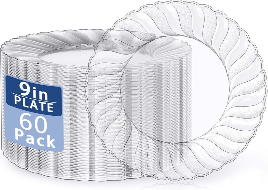 U-QE 60 Pieces Clear Plastic Plates - 9 Inch Disposable Plates - Washable & Reusable - Premium Hard Clear Plates - Party Supplies for Birthdays, Celebrations, Travel, Wedding, Party and Events
