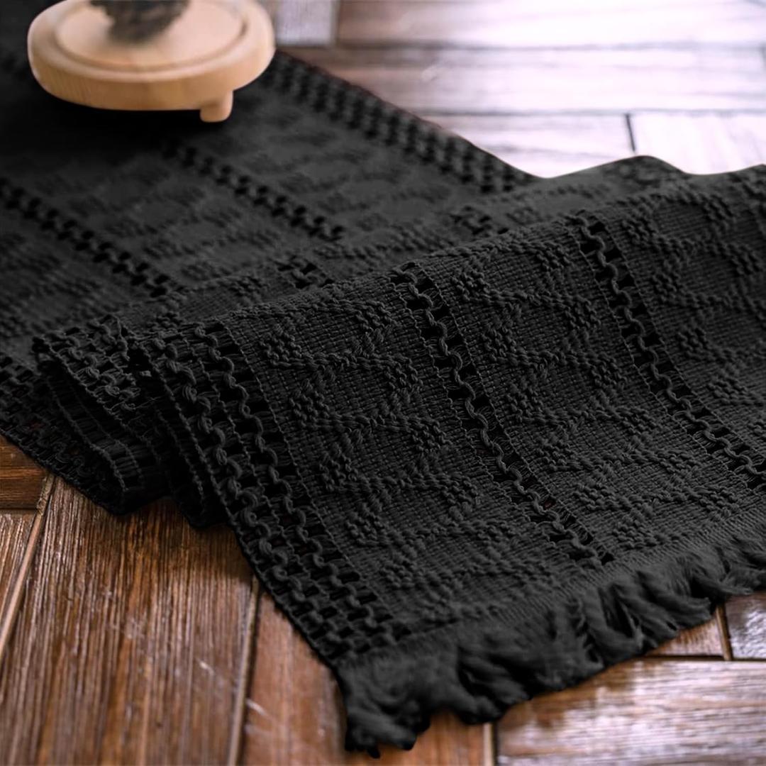Bohemian Macrame Table Runner with Tassels Farmhouse Style 71 inches Long Black Cotton Linen Textured Woven Rustic Table Decoration for Holiday Party, Wedding and Dining