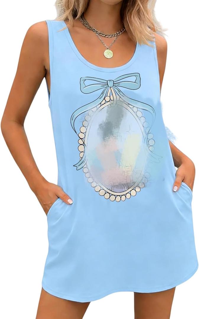 Women's Casual Sundress with Pockets -Summer Beach Holiday T-Shirts Dress Family Vacation Loose Tank Dresses(Blue,XL) (Blue, XL)