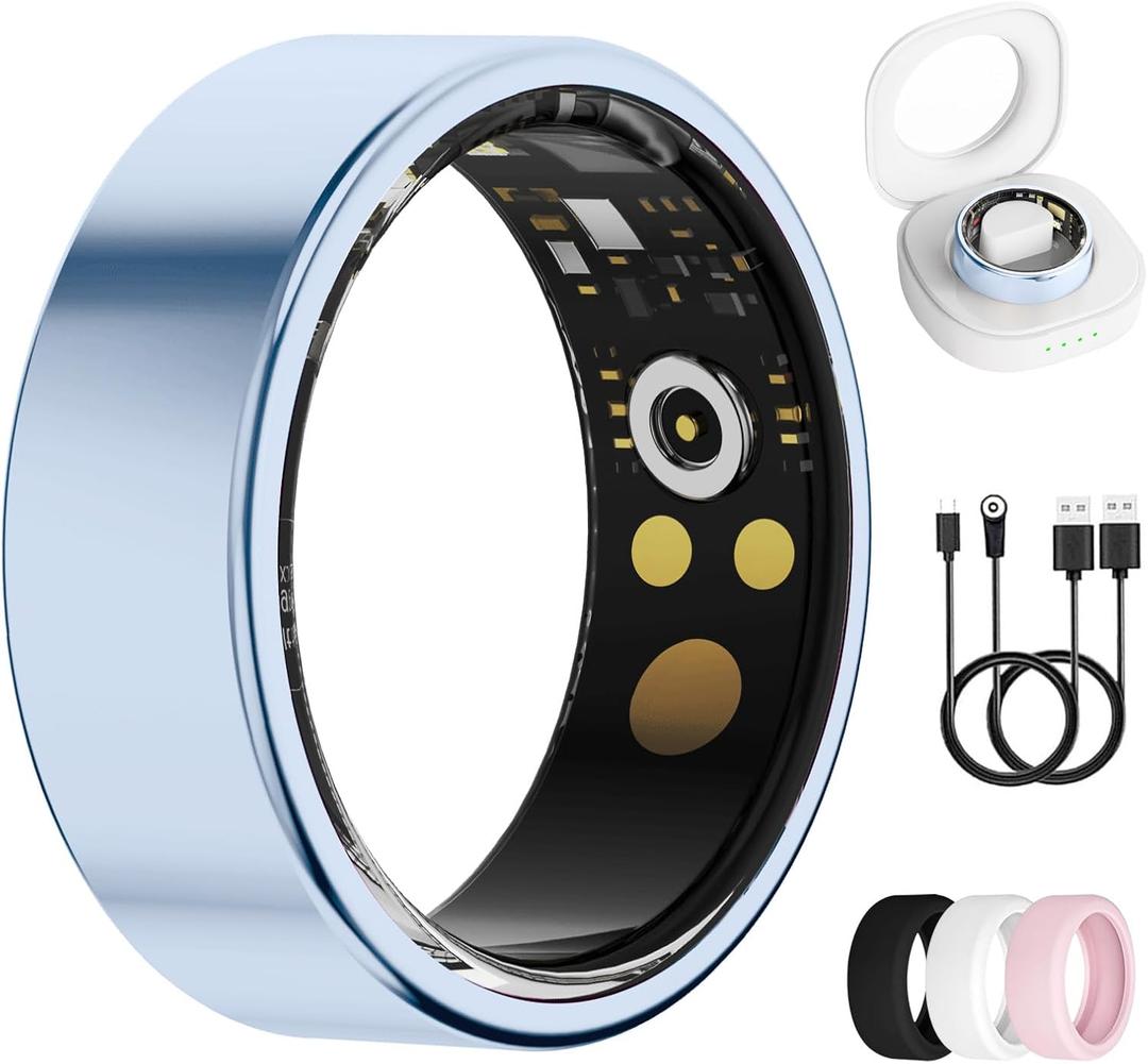 Smart Ring for Women & Men, Health Tracker Ring with Heart Rate, Blood Oxygen,Blood Pressure, IP68 Waterproof Fitness Ring, Sleep Tracker for iPhone and Android, No APP Fee (Blue, 8#)
