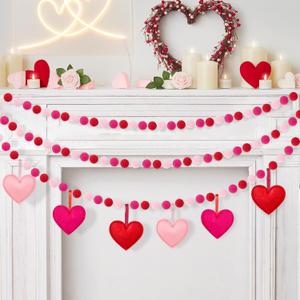 3Pcs Valentines Day Decorations Heart Felt Banner, 9.8FT Galentines Day Decorations Red Pink Pom Pom Garland, Felt Red Heart Hanging Garland for Mantle Fireplace Room Valentine Hanging Decor