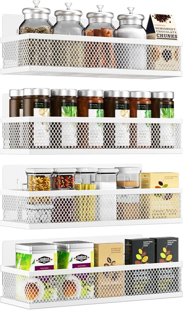 Spice Rack Wall Mount, 4 Pack Wall Spice Rack & Hanging Storage Baskets Organizer Wall Mount, Large Capacity Metal Spice Shelf for Kitchen Cabinet, Pantry Doors, Bathroom, Shower, Home Decor (White)