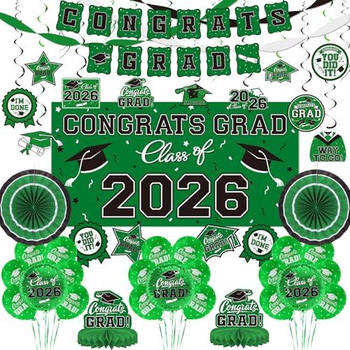 Green Themed 2026 Graduation Decorations Set - Congrats Grad Banner, Class of 2026 Backdrop, Balloons & Streamers Kit - Complete Party Supplies for High School & College Celebrations