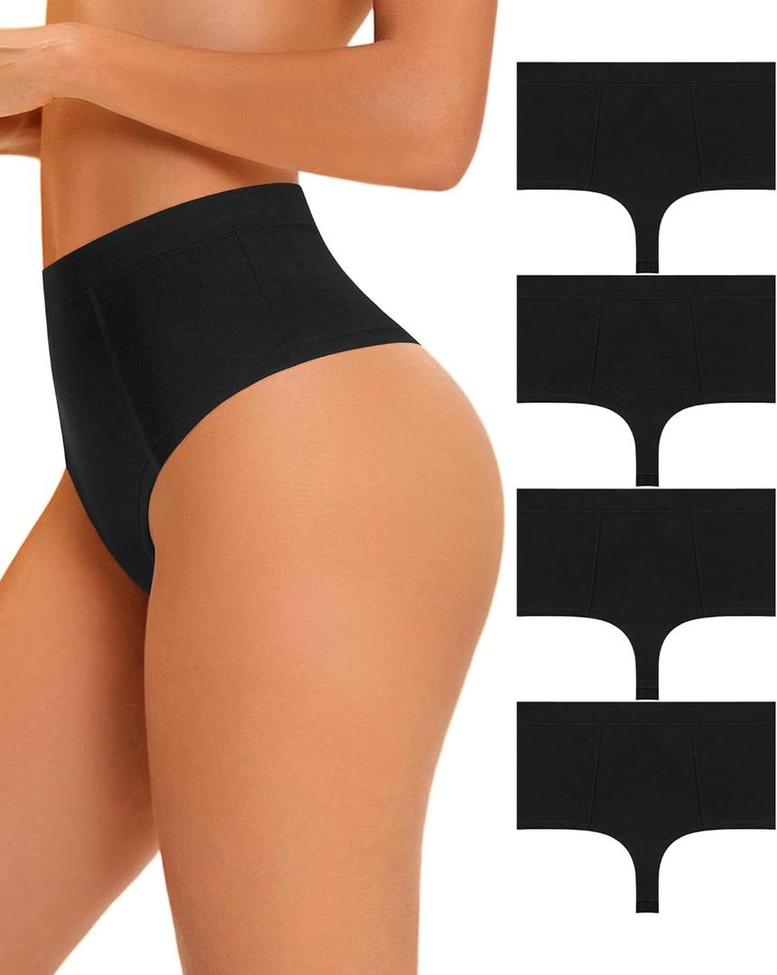 ASIMOON Women High Waisted Thongs No Show Panties Soft High Cut Underwear Breathable Stretchy Moisture-Wicking Thongs 4 Pack (Black, S)