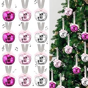 Jenaai 12 Sets Pink Christmas Jingle Bells with Ribbon 2 Inch Large Metal Cutout Craft Bells Pink Hanging Ornaments for Christmas Tree Xmas Decoration Crafts Party Favors Stocking Stuffers