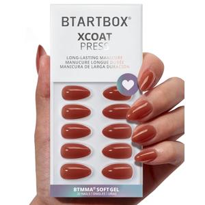 BTArtbox Press On Nails Short - Lamp-Curable Almond Press On Nails with Glue for Women, Semi-Transparent Soft Gel Glue On Nails in 16 Sizes - 32 Stick On Nails Kit, Spill Tea