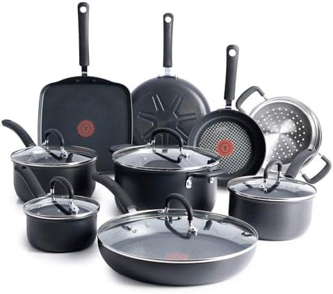T-fal Ultimate Hard Anodized Nonstick Cookware Set 14 Piece, Oven Broiler Safe 400F, Lid Safe 350F, Kitchen Cooking Set w/Fry Pans, Saucepans, Griddle, Dutch Oven, Pots & Pans, Dishwasher Safe, Black